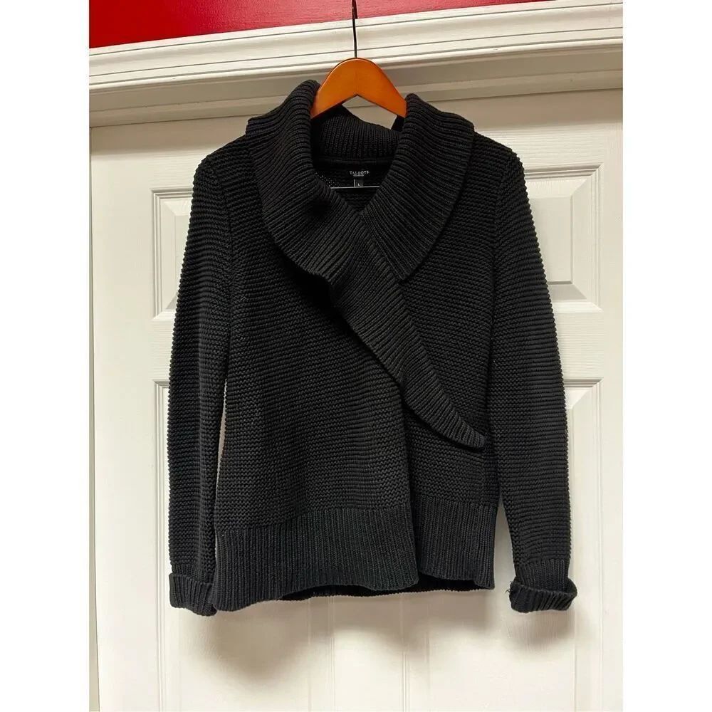 Talbots Black Faux Surplice Ruffle Front Thick Knit Sweater sz L EUC